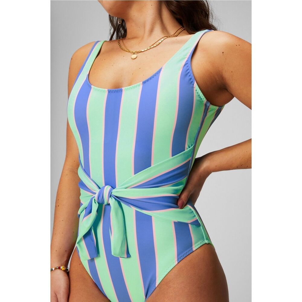 Fabletics One Piece Swimsuit XXL Tie Back Striped Green Purple NWT Resort Stripe